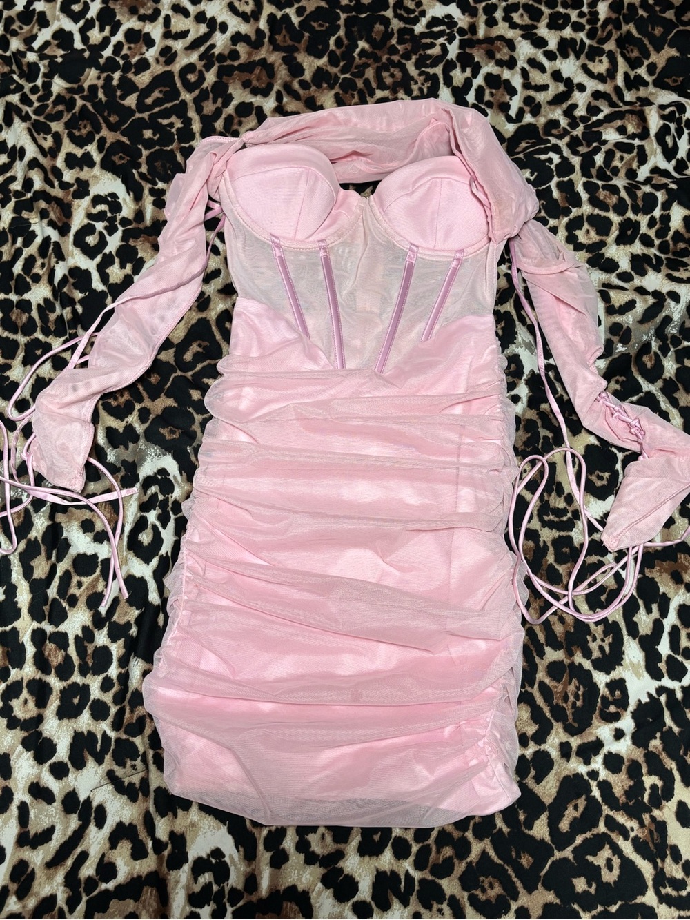 Pink Ruched Mesh Corset Mini Dress